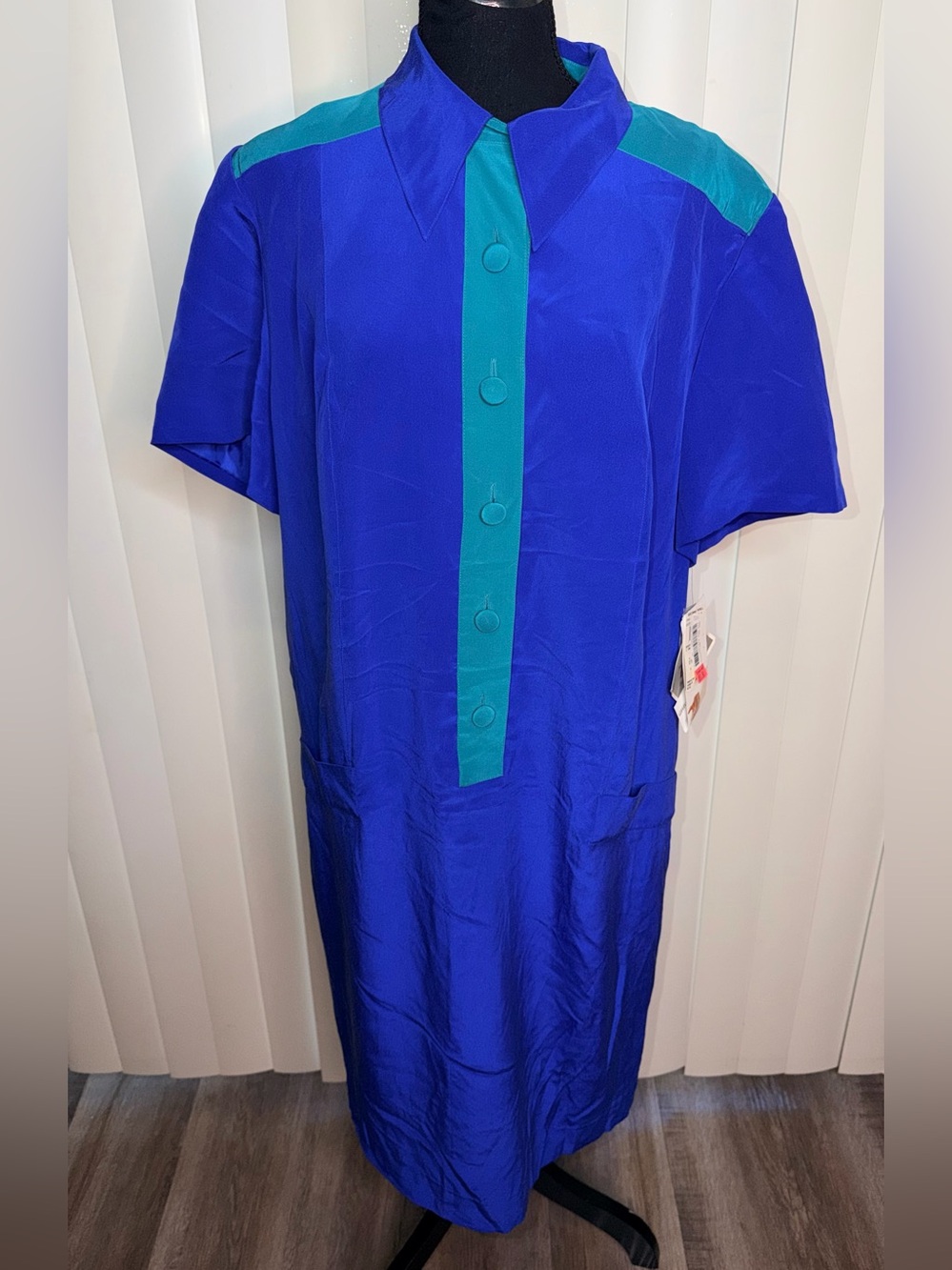 Vintage Safe Silk By Adrianna Papell Blue Aqua Color Block Dress Sz 16 *See Pic
